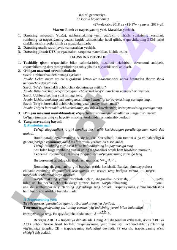 Geometriya: romb va trapetsiyaning yuzi
