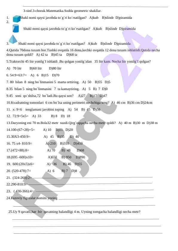 3-sinf matematikasi: sodda geometrik shakllar savollar