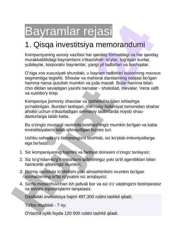 Bayramlar rejasi va investitsiya memorandumi
