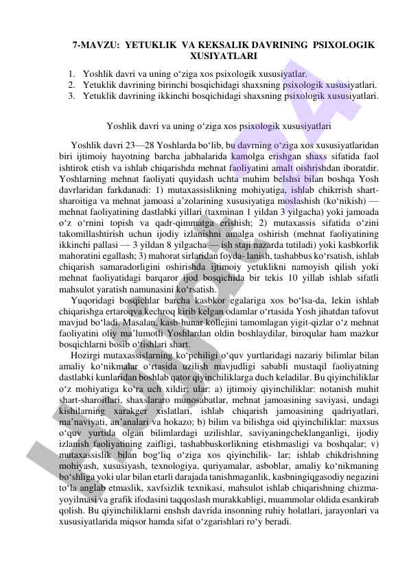 Yetuklik va keksalik davrining psixologik xusiyatlari