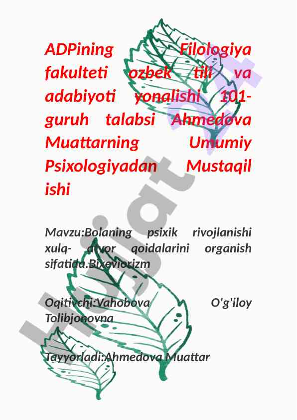 Bolaning psixik rivojlanishi xulq-atvor qoidalari