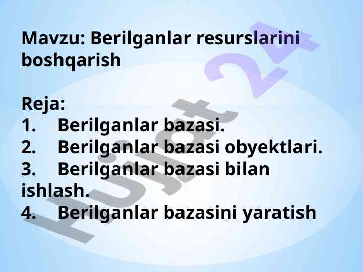 Berilganlar bazasi boshqarish reja va amalga oshirish