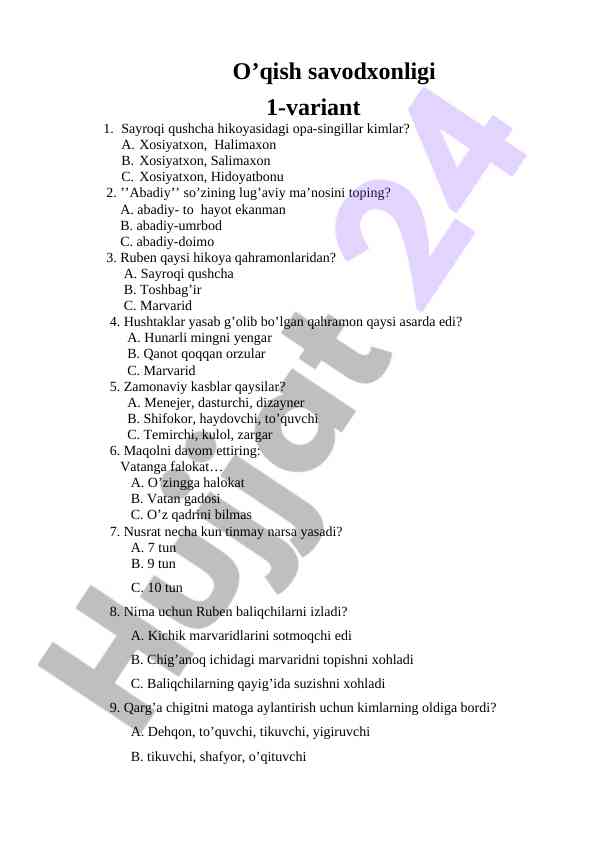 O’qish savodxonligi sinov testlari