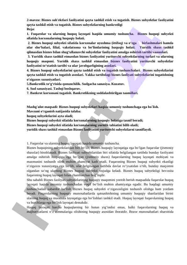 Biznes sub'ektlarini faoliyatini qayta tashkil etish