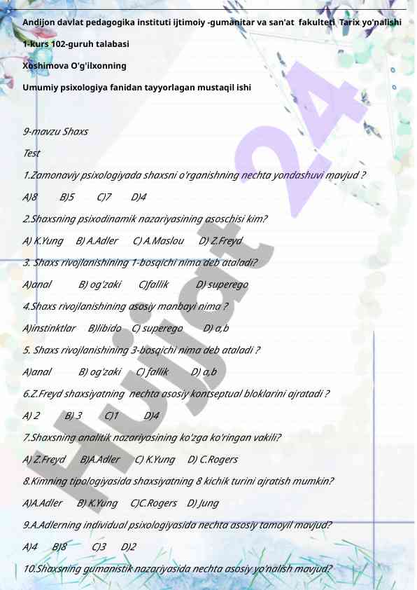Umumiy psixologiyada shaxsni o'rganish yondashuvlari