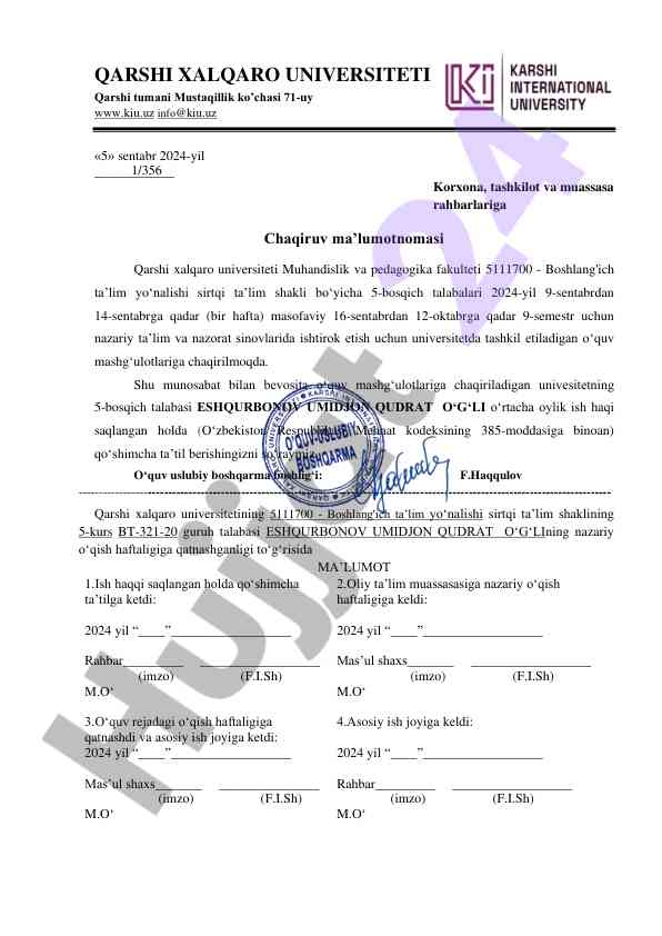 O‘quv mashg‘ulotlariga chaqiruv ma’lumotnomasi