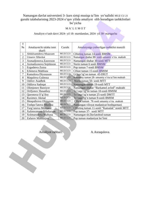 Malakaviy amaliyot o'tkazish shartnomasi 2023-2024
