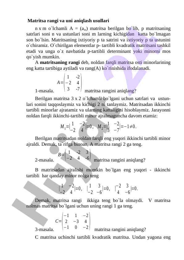 Matritsa rangi va uni aniqlash usullari