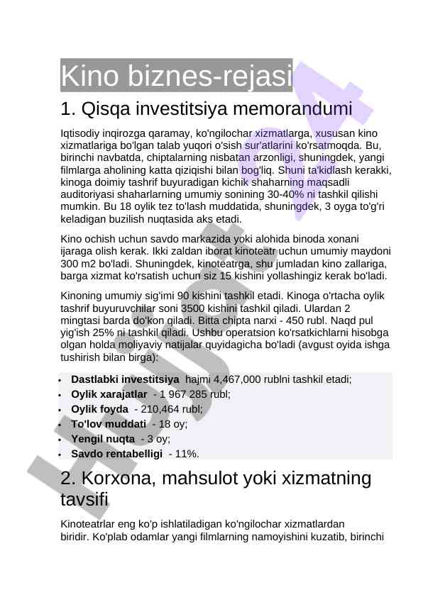 Kino biznes-rejasi va investitsiya tahlili