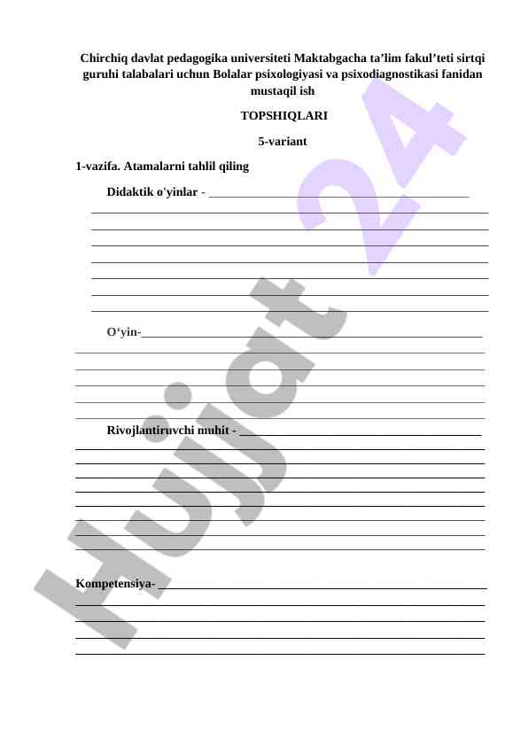 Bolalar psixologiyasi va psixodiagnostikasi topshiqlari