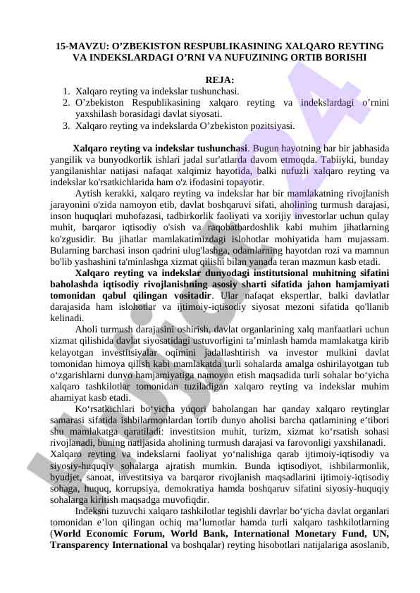 O’zbekiston respublikasi xalqaro reytinglaridagi o’rni