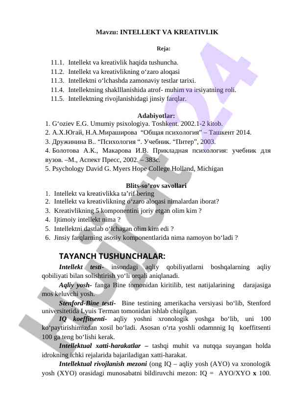 Intellekt va kreativlik haqida ma'lumotlar