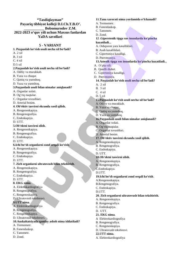 Maxsus fanlardan yada savollari 5 - variant
