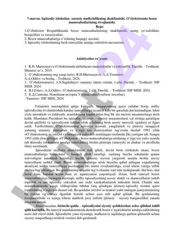 Iqtisodiy islohotlar va xususiy mulkchilik shakllanishi