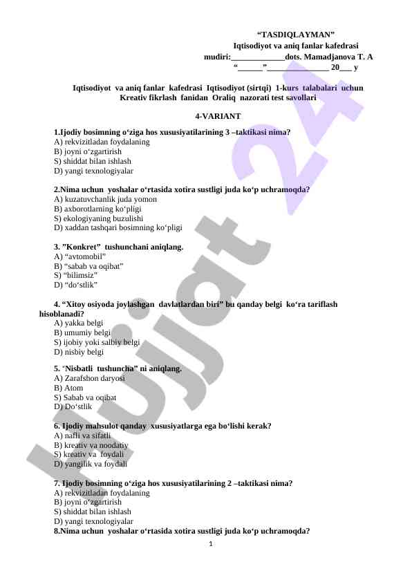 Kreativ fikrlash fanidan oraliq nazorati test savollari