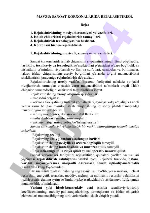 Sanoat korxonalarida rejalashtirish tamoyillari