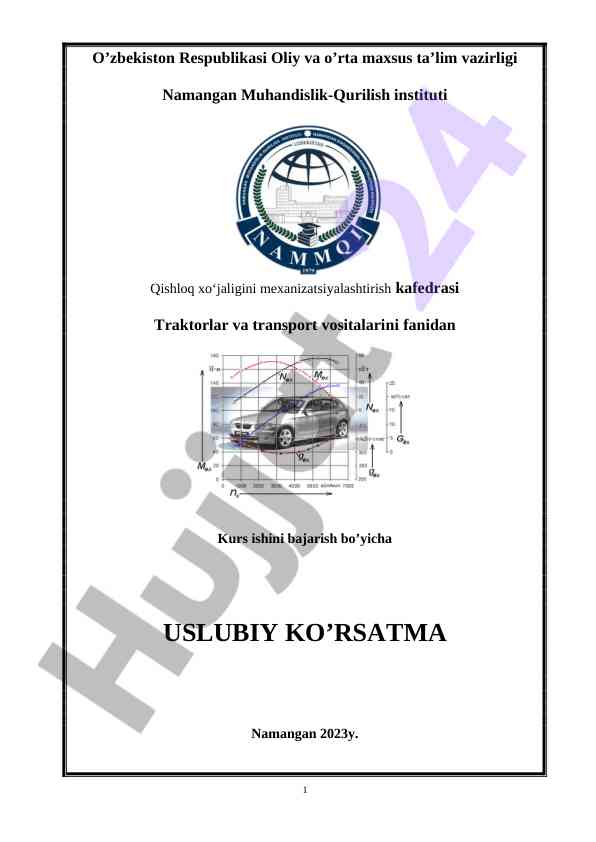 Transport vositalari fanida kurs ishini uslubiy ko'rsatma