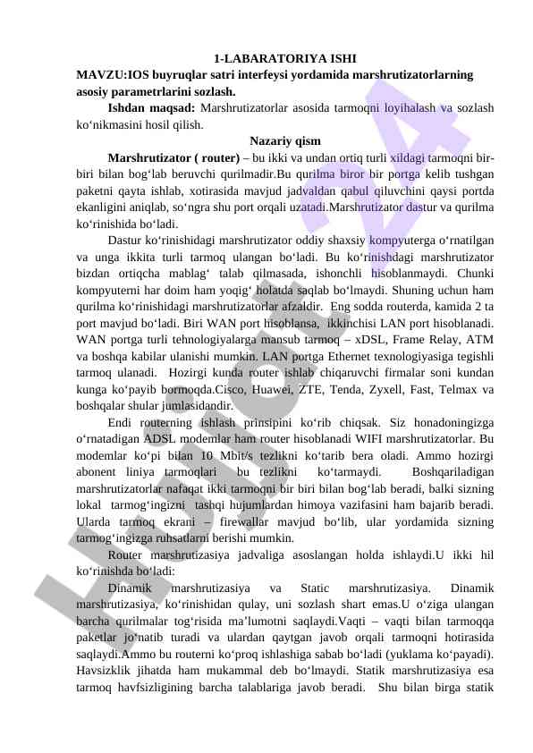 Marshrutizatorlar sozlash bilan tarmoqni loyihalash