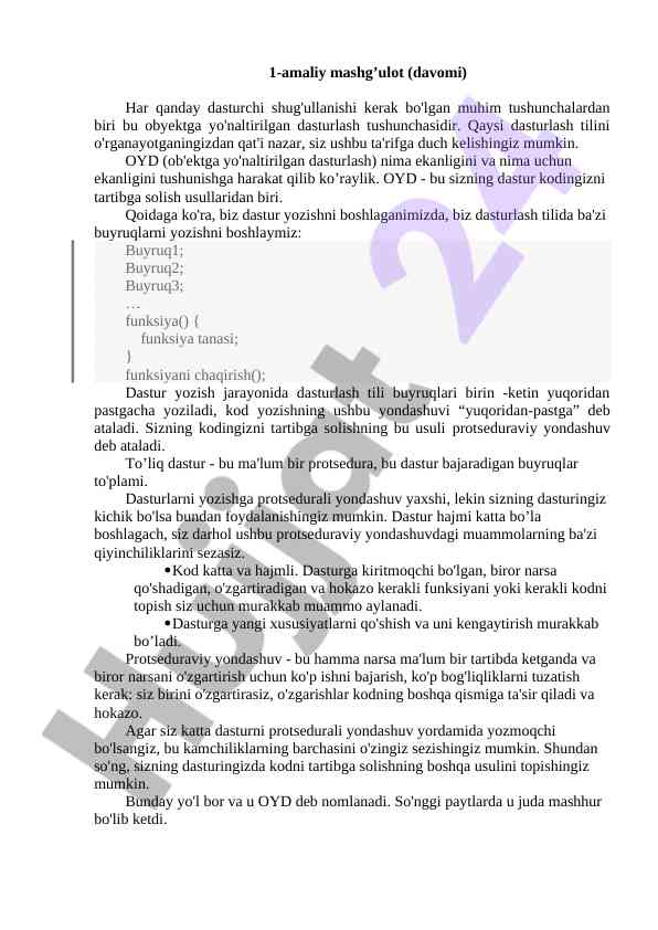 Obyektga yo'naltirilgan dasturlash tushunchalari