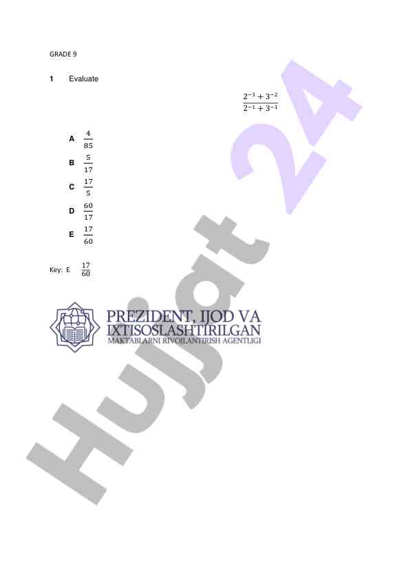 Grade 9 mathematics evaluation questions and solutions