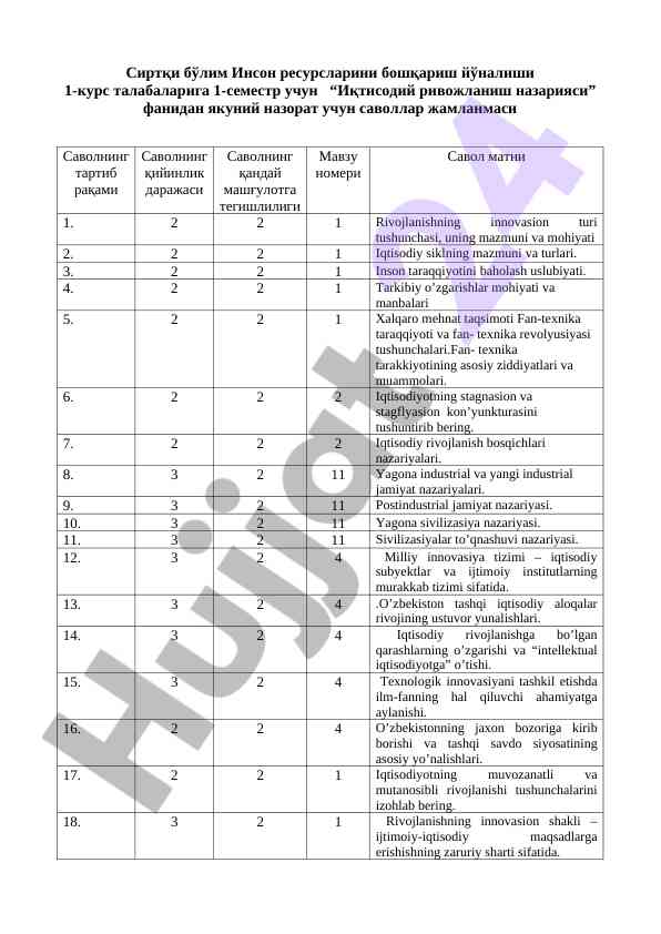 Iqtisodiy rivojlanish nazariyasi savollari jamlama