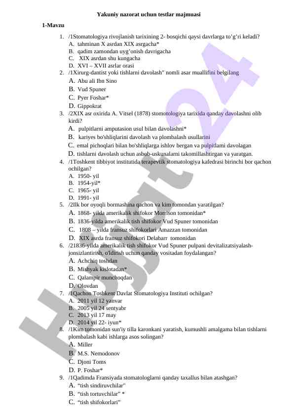 Stomatologiya rivojlanishi tarixi testlari