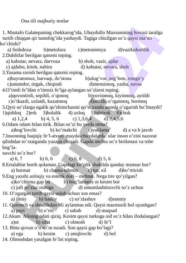 Ona tili majburiy testlar bilan tanishing