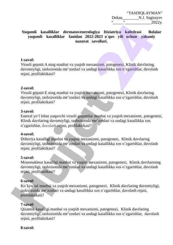 Yuqumli kasalliklar fanidan yakuniy nazorat savollari