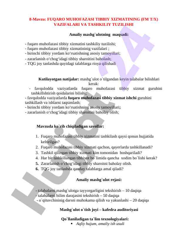 Fuqaro muhofazasi tibbiy xizmatining vazifalari