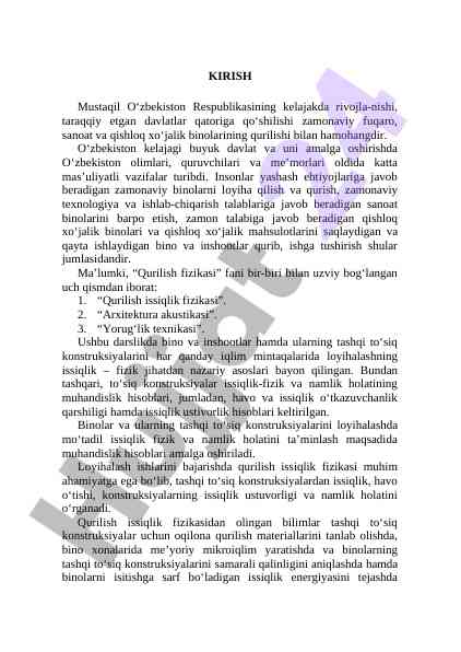 QURILISH FIZIKASI BOYICHA MA’LUMOTLAR