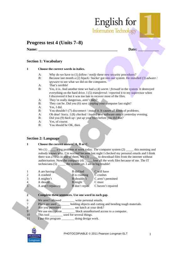 Progress test 4: vocabulary and language skills
