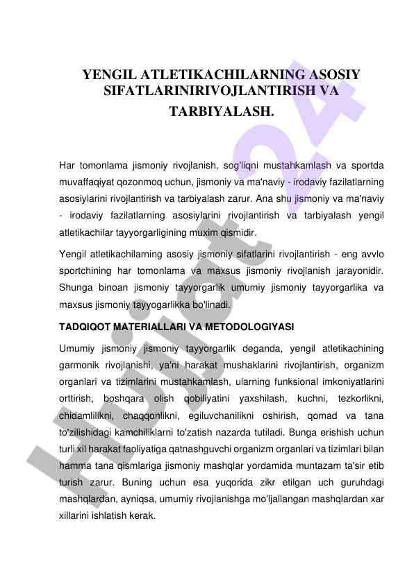 Yengil atletikachilarning asosiy sifatlarini rivojlantirish