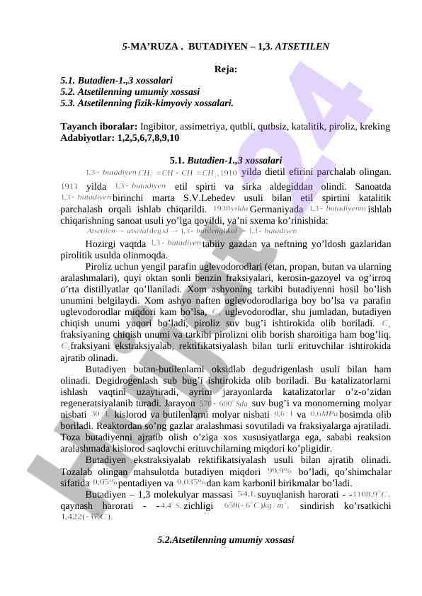 Ma’ruza butadiyen va atsetilen kimyoviy xossalari