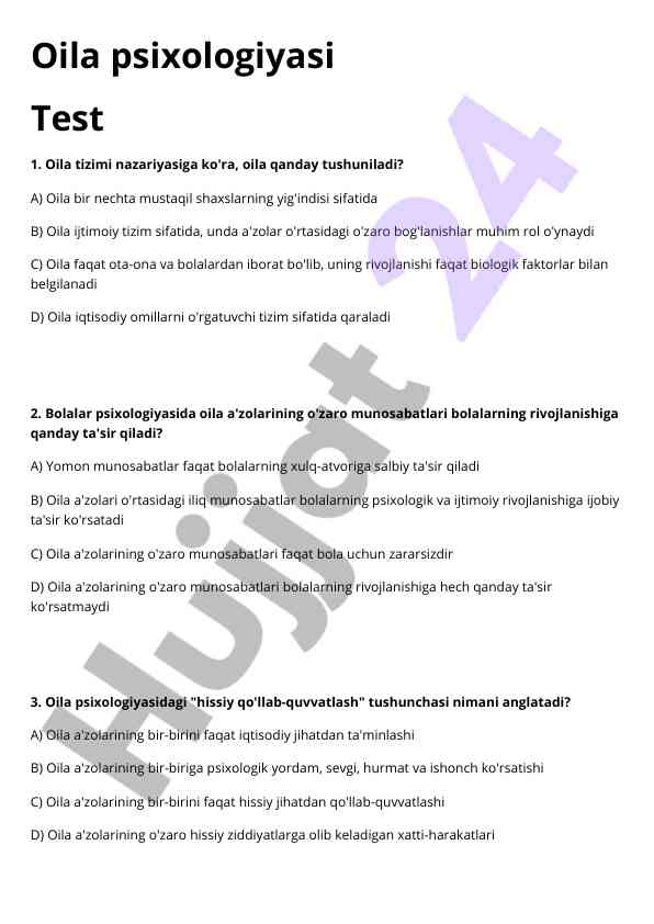 Oila psixologiyasi test savollari