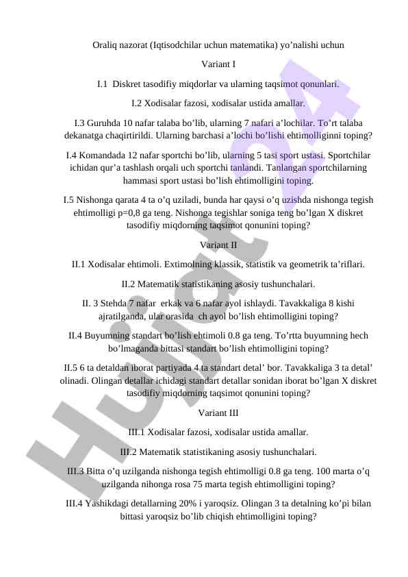 Diskret tasodifiy miqdorlar va ularning taqsimoti