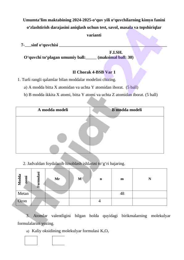 Kimyo fanidan o‘quvchilar uchun test ko‘rsatkichlari