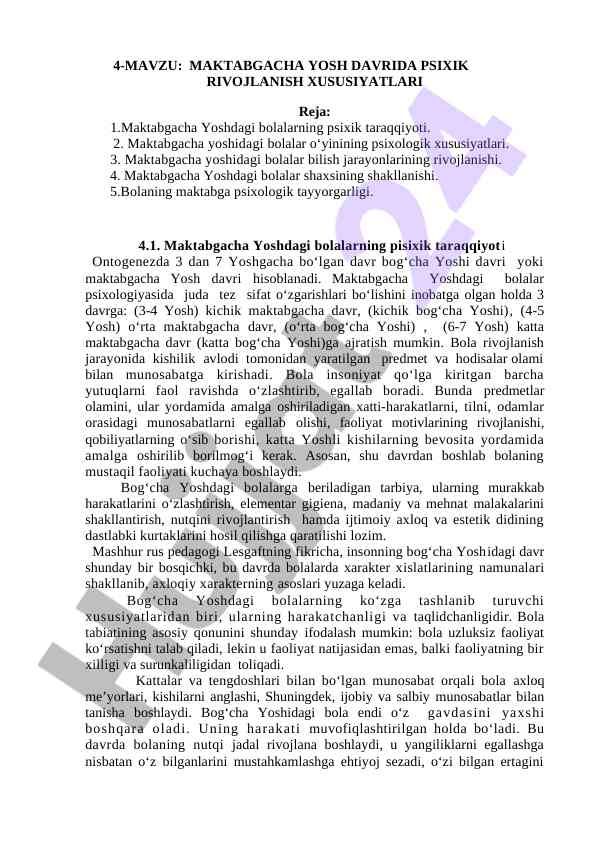 Maktabgacha yosh davrida psixik rivojlanish