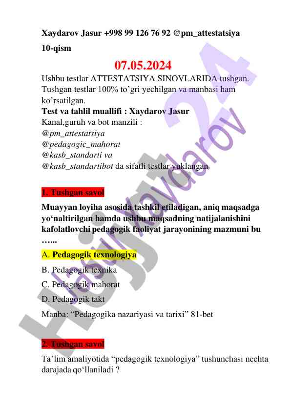 Attestatsiya sinovlari uchun tayyorlangan testlar