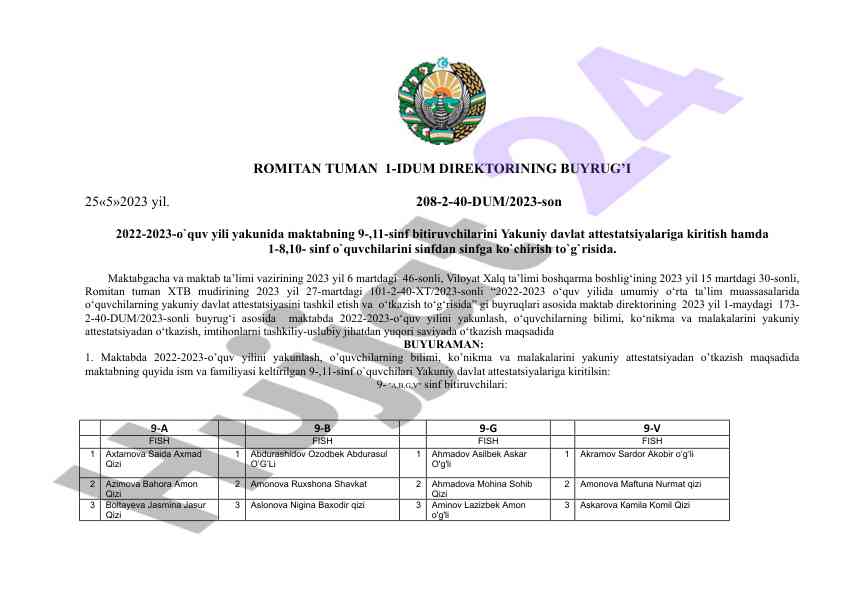 Yakuni davlat attestatsiyasi bilan maktabni yakunlash
