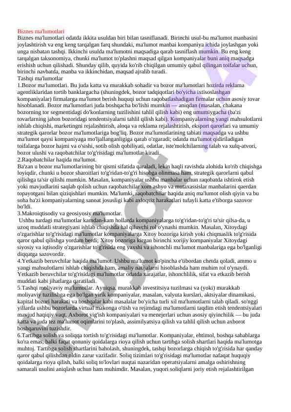 Biznes ma'lumotlari tasnifi va maqsadlari