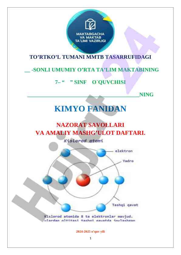 Kimyo fanidan nazorat savollari amaliy mashg‘ulot