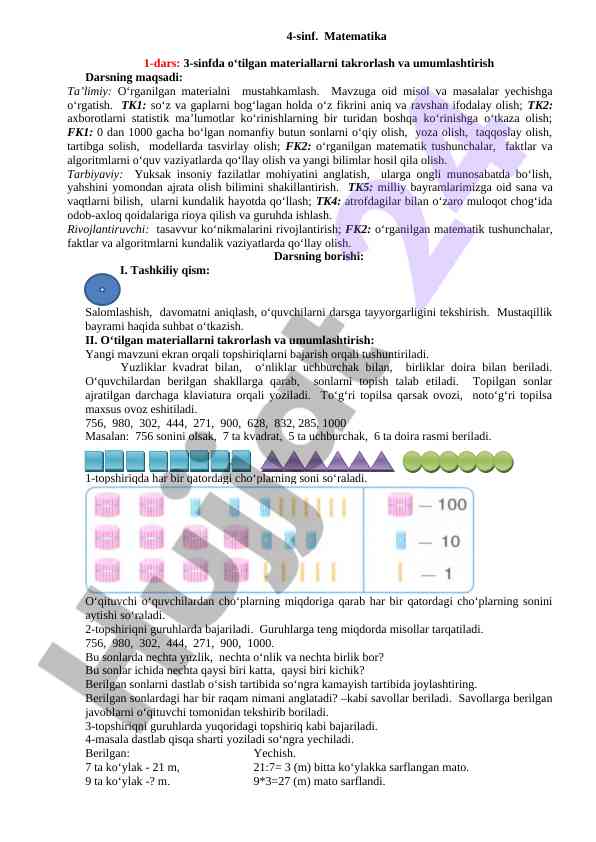 4-sinf matematika darsida takrorlash va umumlashtirish