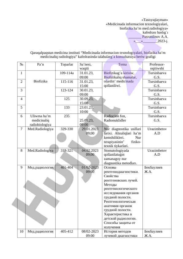 Konsultatsiya beriw grafigi qaraqalpaqstan medicina