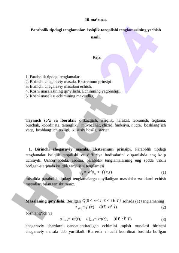 Parabolik tipdagi tenglamalar va issiqlik tarqalishi