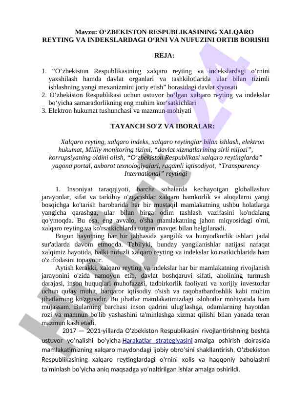 O‘zbekiston respublikasining xalqaro reytingdagi o‘rni