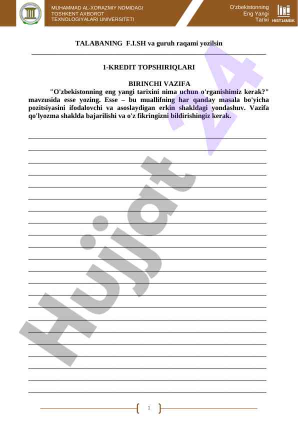 O'zbekistonning eng yangi tarixi mavzusi bo'yicha esse