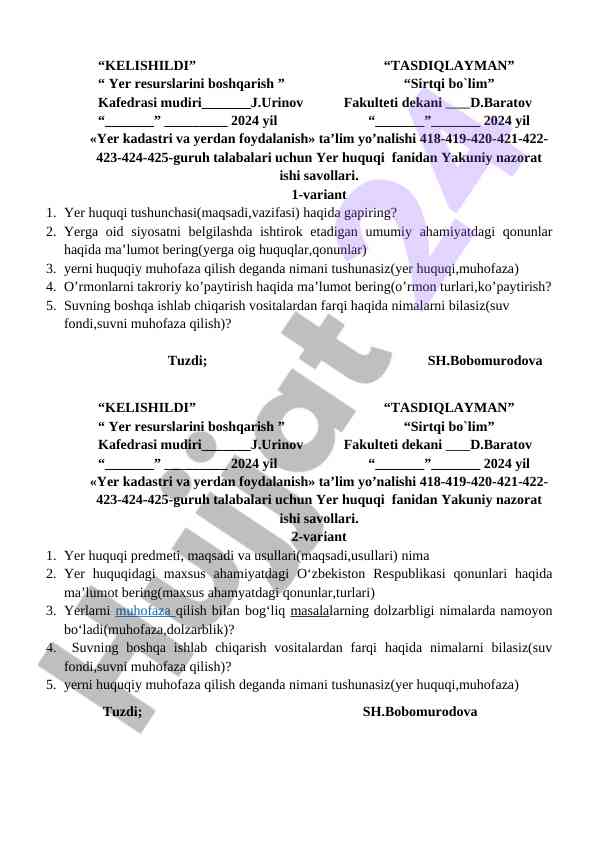 Yer huquqi fanidan yakuniy nazorat savollari