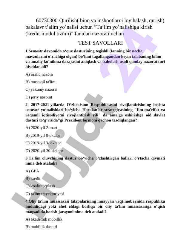 Test savollari bino va inshootlarni loyihalash