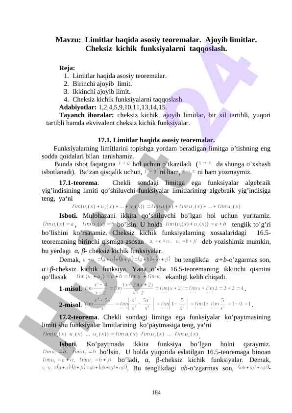 Asosiy teoremalar va limitlar haqida ma'lumotlar
