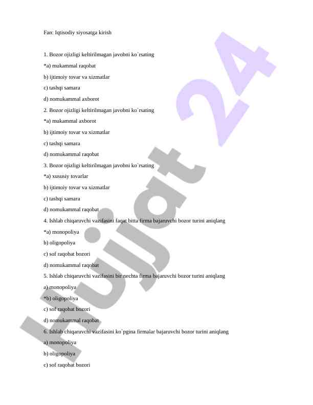 Iqtisodiy siyosatga kirish test savollari
